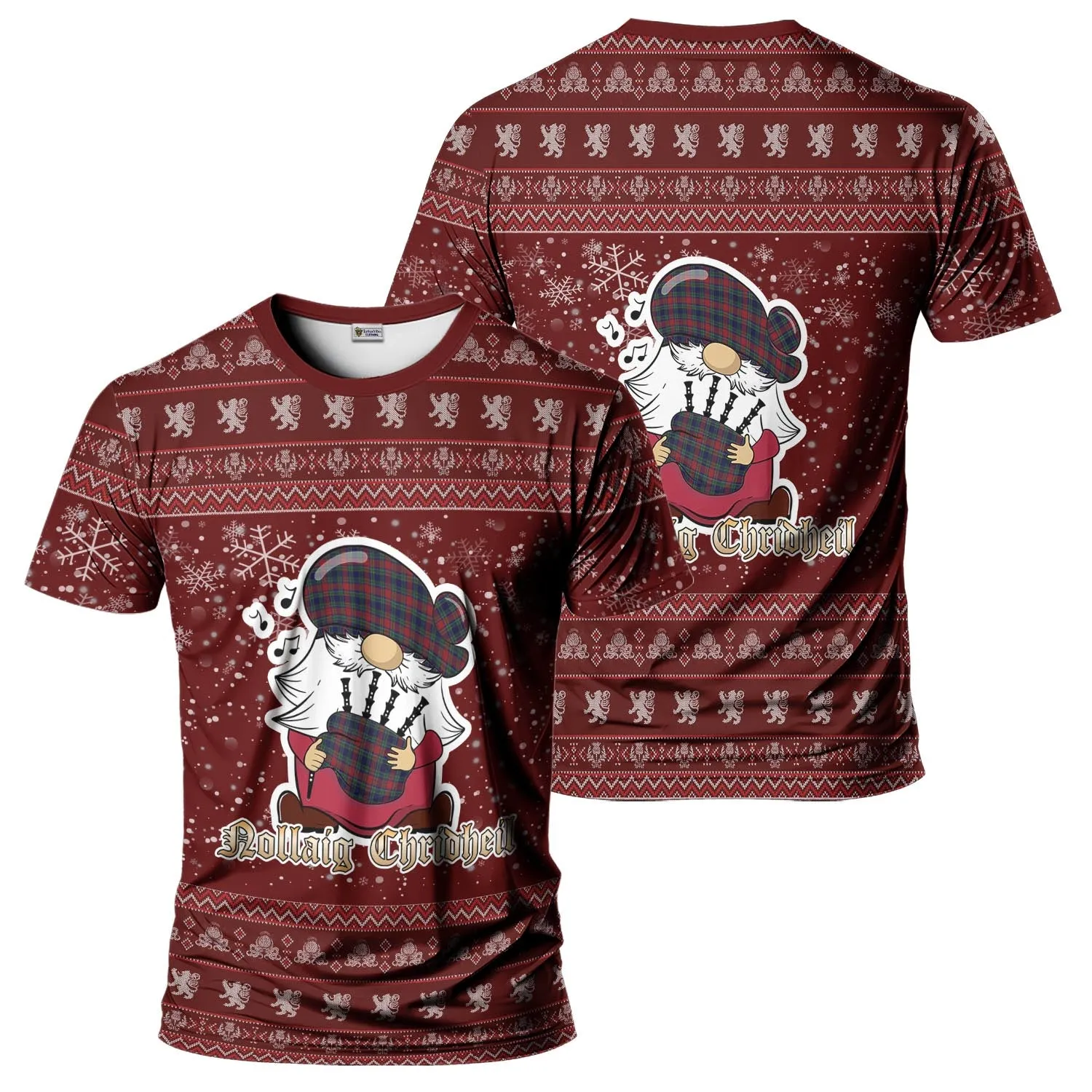 Allison Red Clan Christmas Family T-Shirt with Funny Gnome Playing Bagpipes