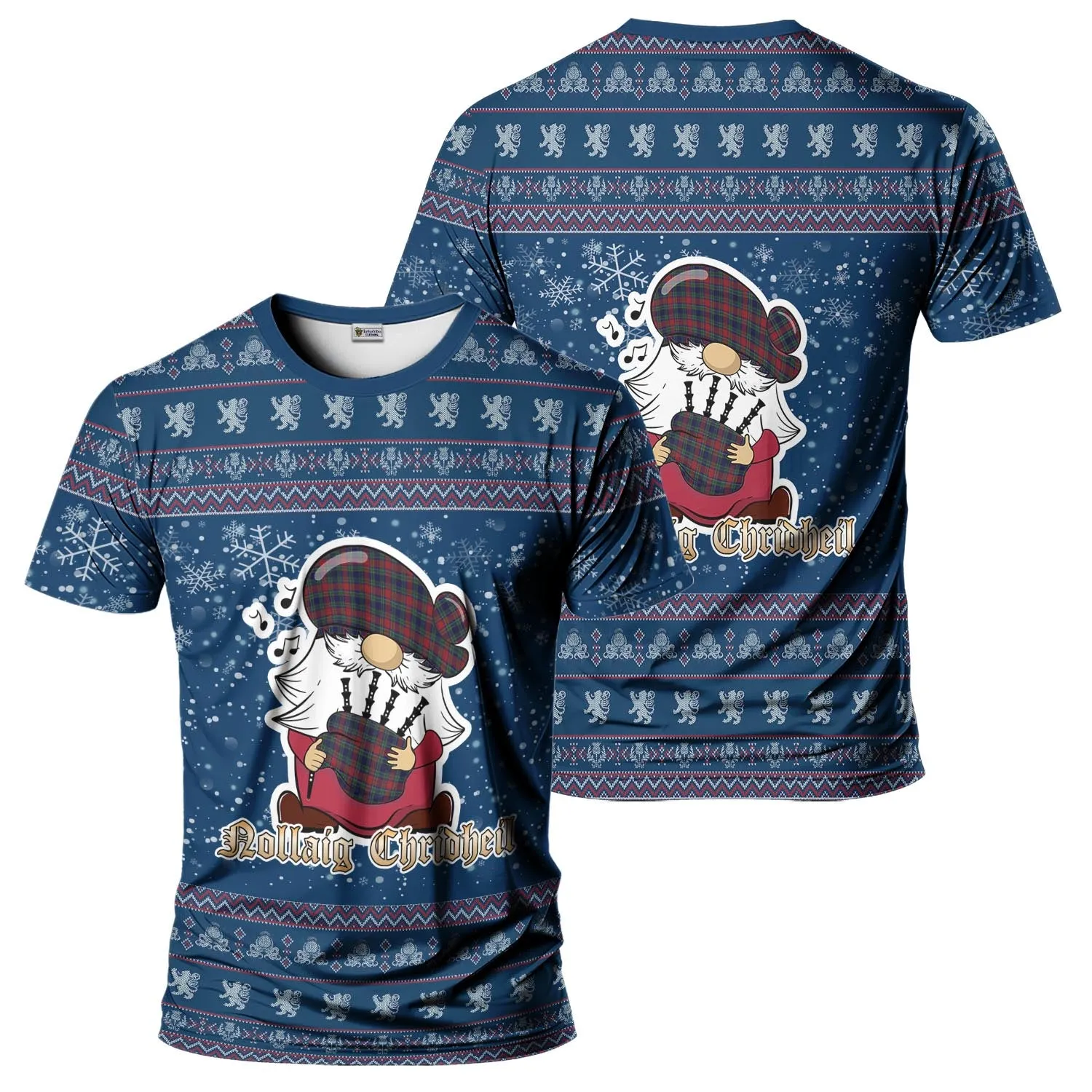 Allison Red Clan Christmas Family T-Shirt with Funny Gnome Playing Bagpipes