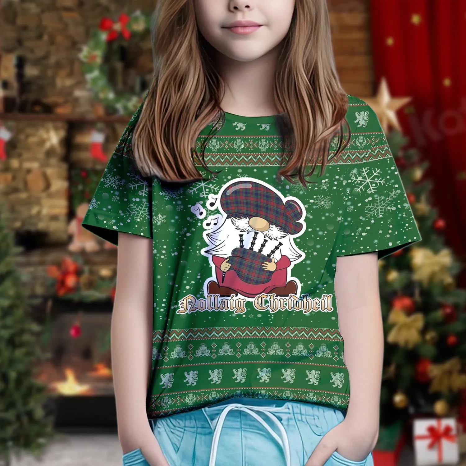 Allison Red Clan Christmas Family T-Shirt with Funny Gnome Playing Bagpipes