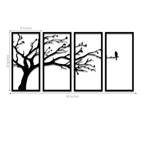 Amazon Brand - Solimo Pre-Laminated Pine Wood Bird on a Tree in Wall Art | Laser Cut Precision | For Home Décor | For Gifting (Set of 4)