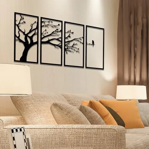 Amazon Brand - Solimo Pre-Laminated Pine Wood Bird on a Tree in Wall Art | Laser Cut Precision | For Home Décor | For Gifting (Set of 4)