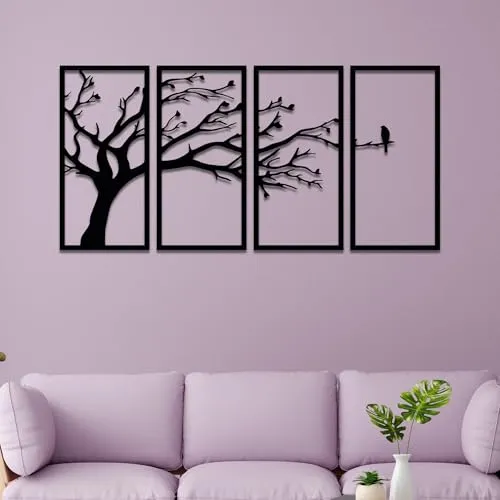 Amazon Brand - Solimo Pre-Laminated Pine Wood Bird on a Tree in Wall Art | Laser Cut Precision | For Home Décor | For Gifting (Set of 4)