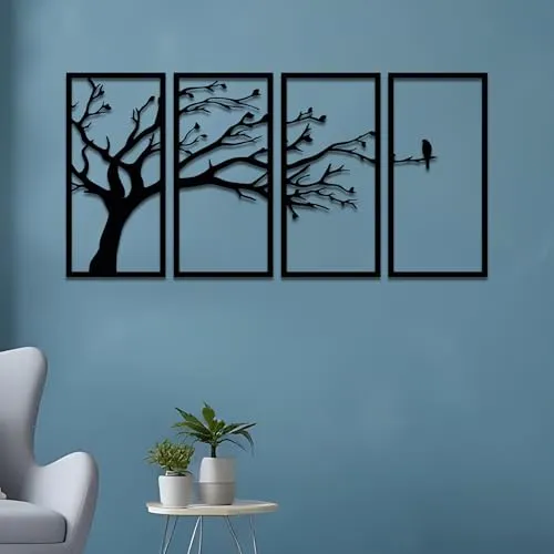 Amazon Brand - Solimo Pre-Laminated Pine Wood Bird on a Tree in Wall Art | Laser Cut Precision | For Home Décor | For Gifting (Set of 4)