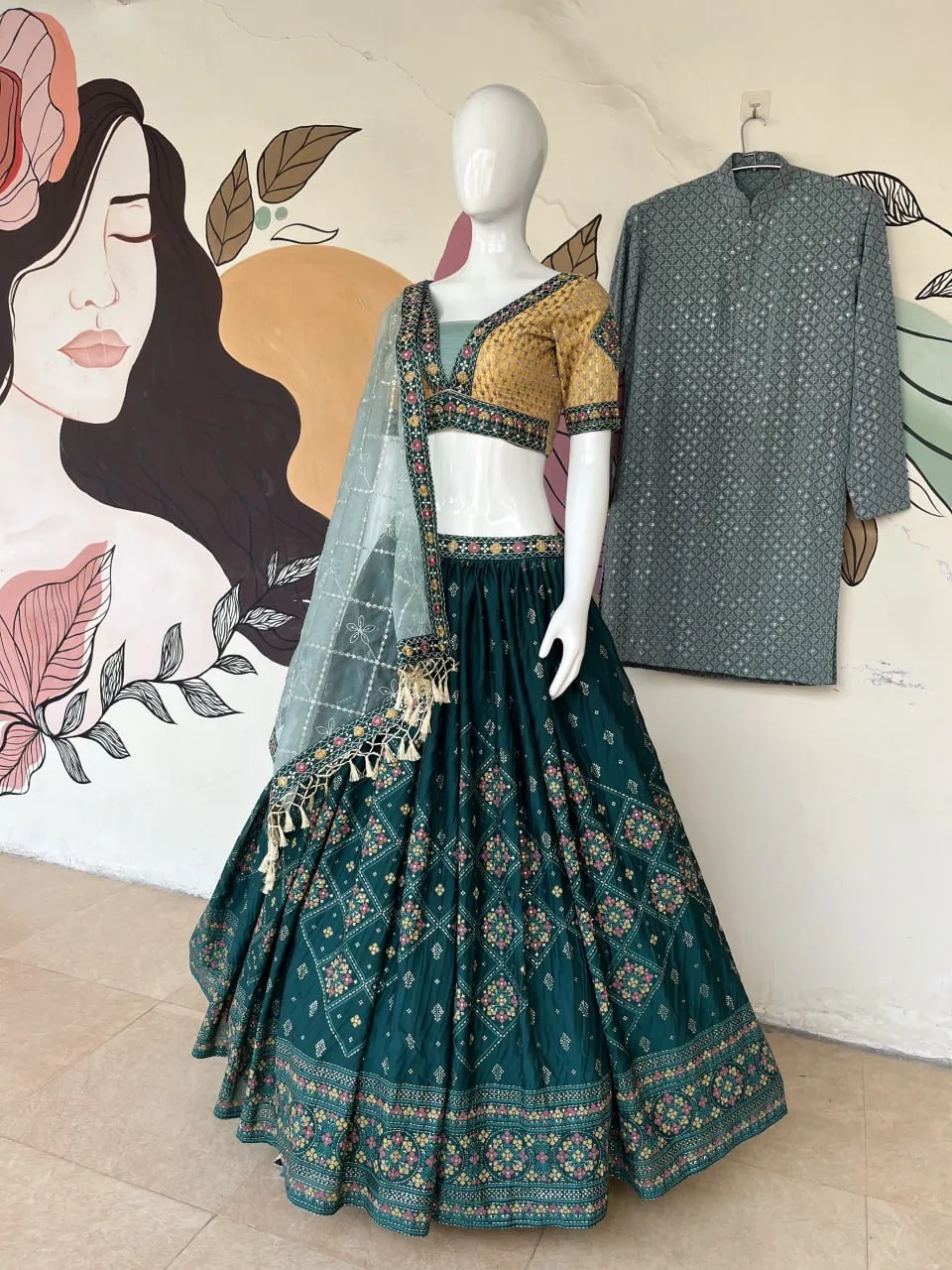 Aqua Green Full Stitched Lehenga Choli Set with Heavy Foil Print and Embroidery Work