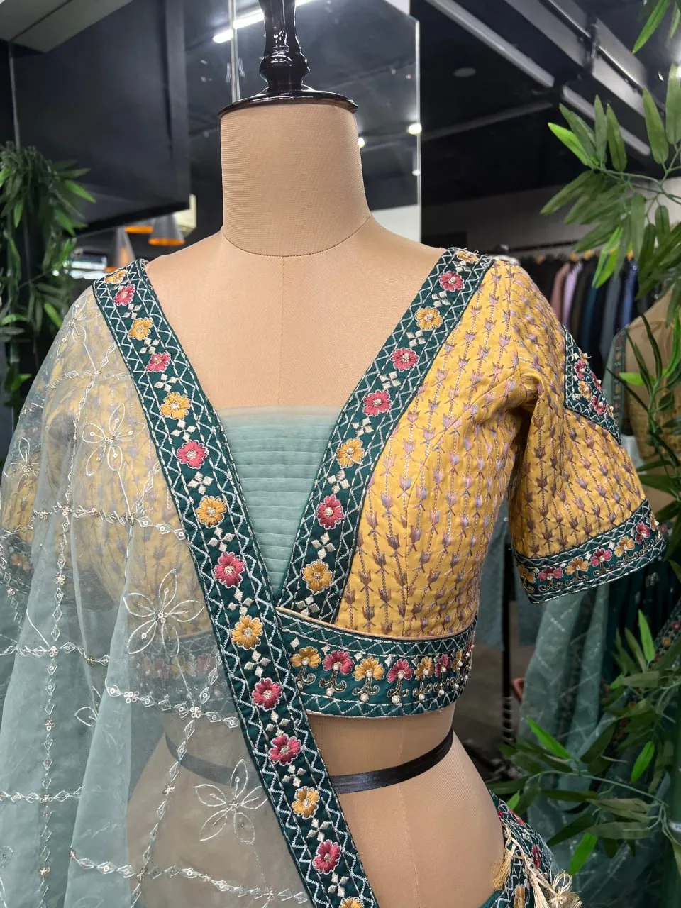 Aqua Green Full Stitched Lehenga Choli Set with Heavy Foil Print and Embroidery Work