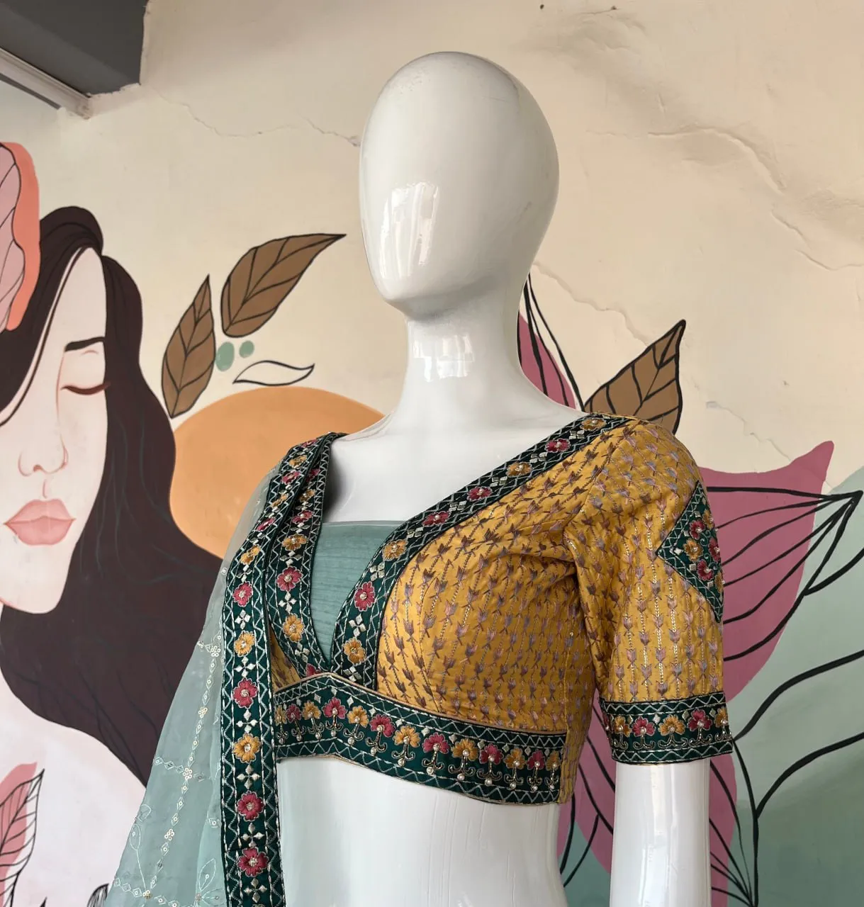 Aqua Green Full Stitched Lehenga Choli Set with Heavy Foil Print and Embroidery Work