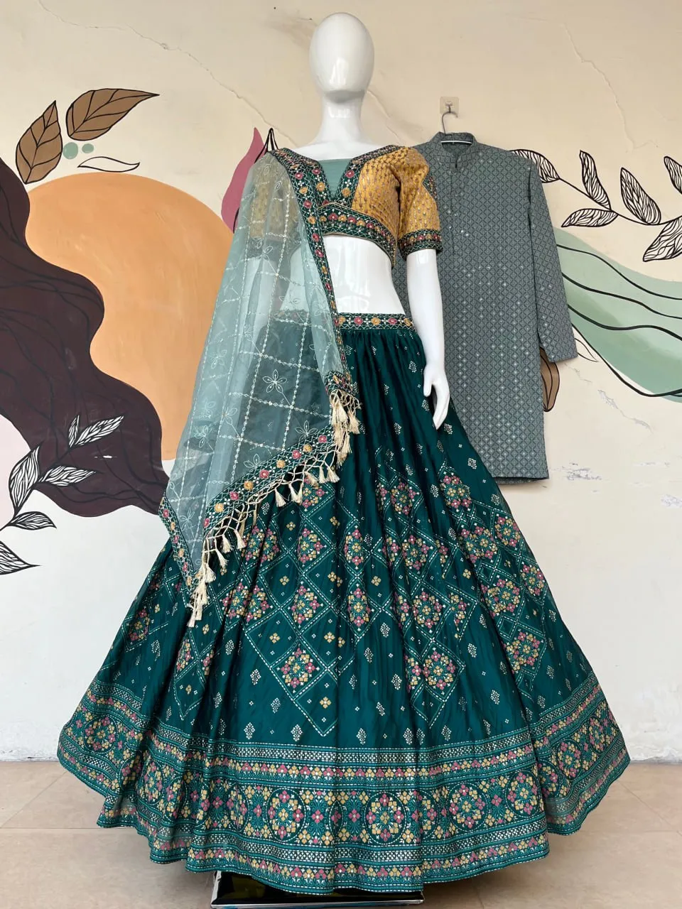 Aqua Green Full Stitched Lehenga Choli Set with Heavy Foil Print and Embroidery Work