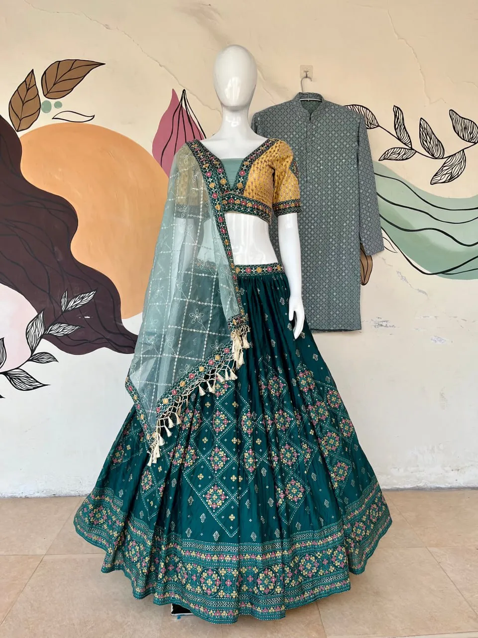 Aqua Green Full Stitched Lehenga Choli Set with Heavy Foil Print and Embroidery Work