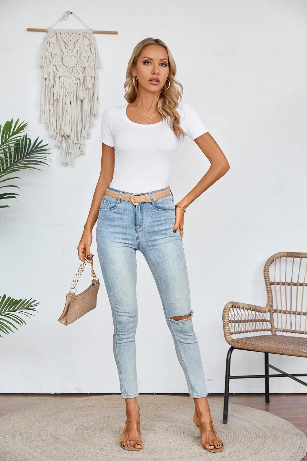 Areecin Womens Summer Tops Square Neck Cute Short Sleeve Going Out Tops Ribbed Knit Tee Tshirt