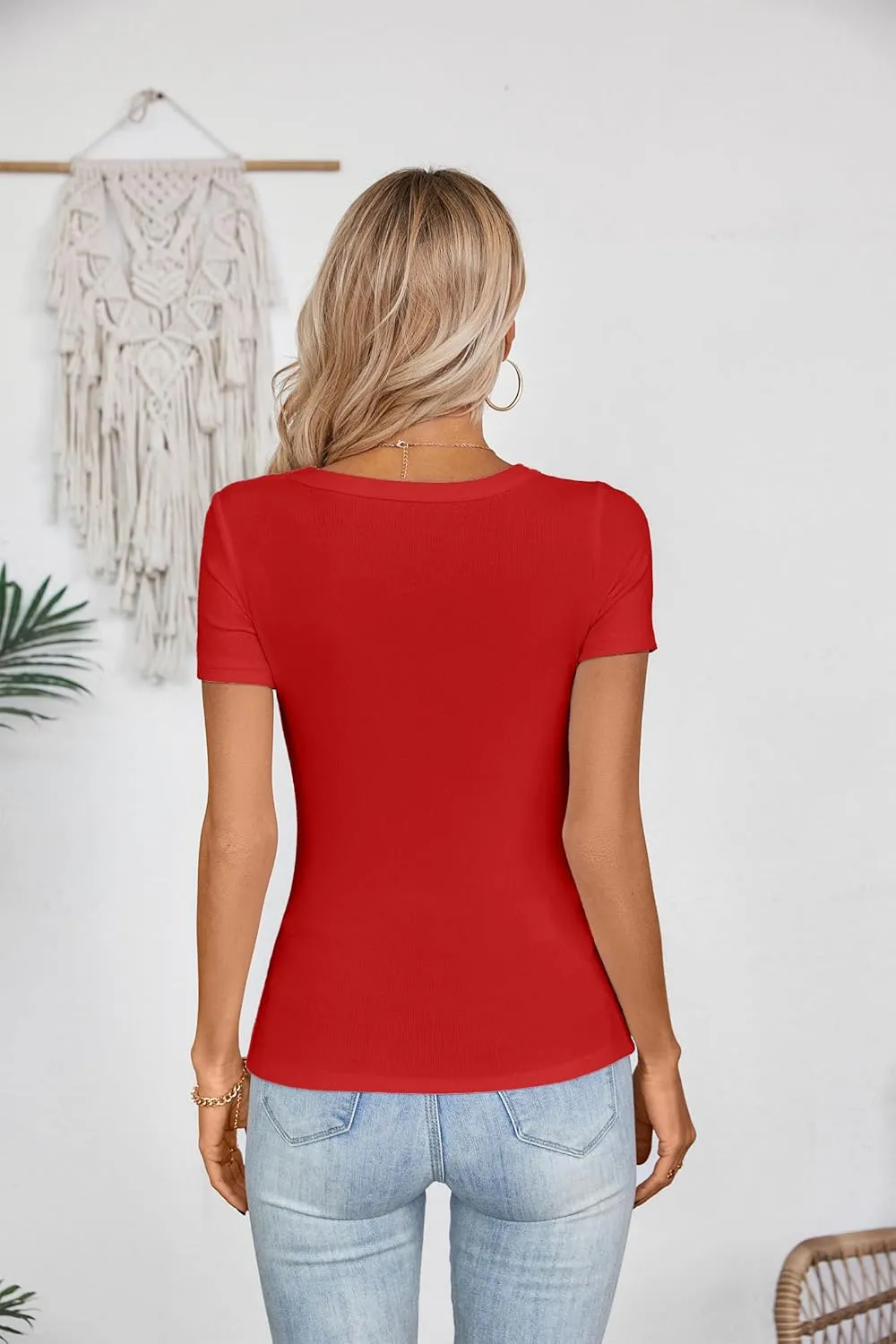 Areecin Womens Summer Tops Square Neck Cute Short Sleeve Going Out Tops Ribbed Knit Tee Tshirt