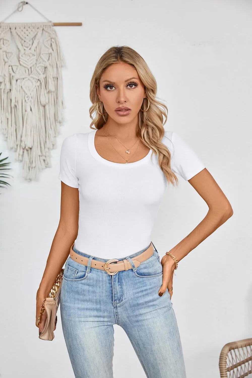 Areecin Womens Summer Tops Square Neck Cute Short Sleeve Going Out Tops Ribbed Knit Tee Tshirt
