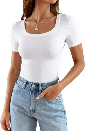 Areecin Womens Summer Tops Square Neck Cute Short Sleeve Going Out Tops Ribbed Knit Tee Tshirt