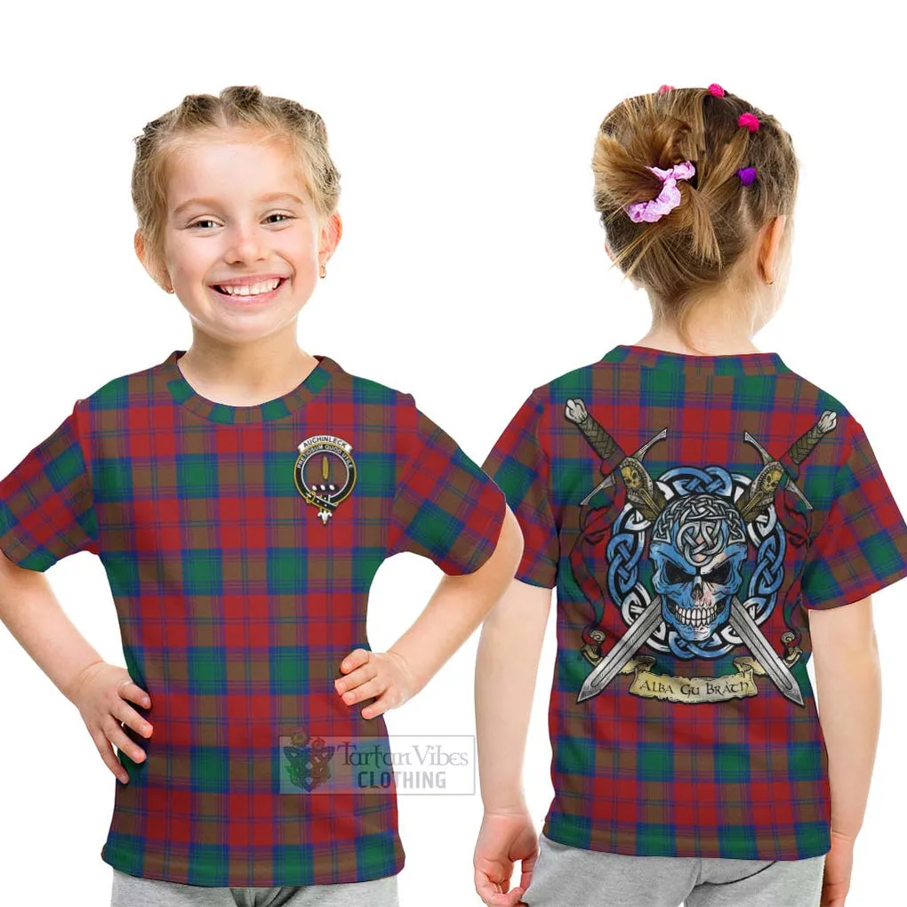 Auchinleck (Affleck) Tartan Kid T-Shirt with Family Crest Celtic Skull Style