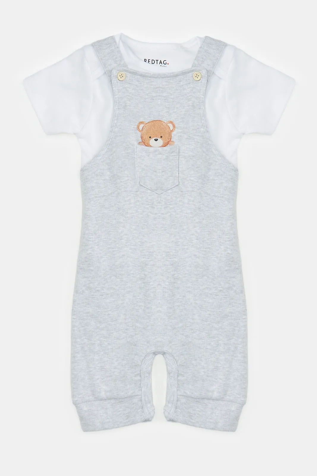 Baby Grey And White Printed T-Shirt And Dungaree Set (2 Piece)