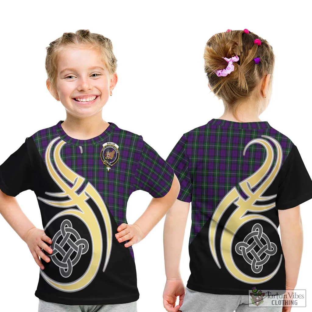 Baillie Highland Society Tartan Kid T-Shirt with Family Crest and Celtic Symbol Style
