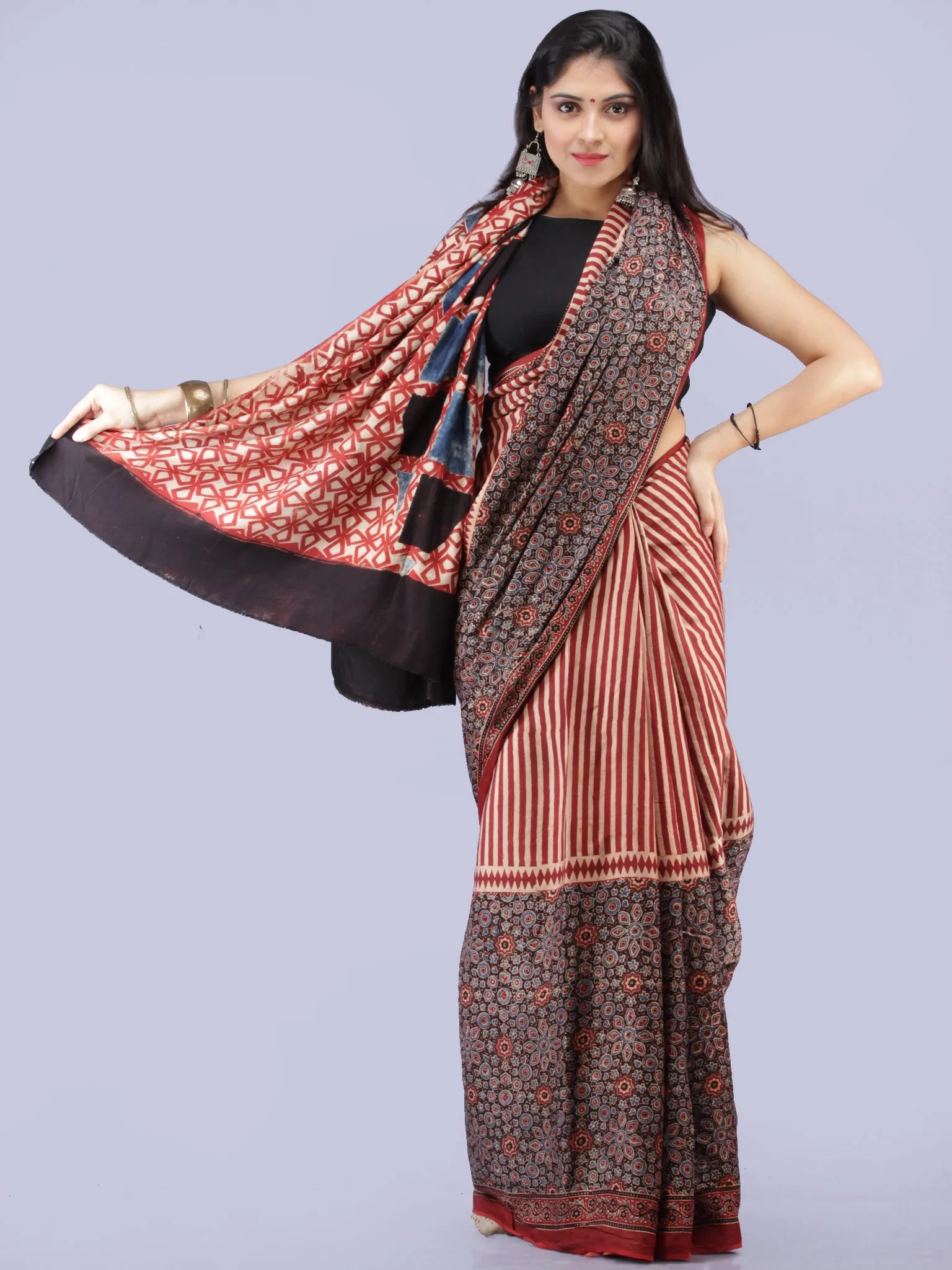 Beige Maroon Indigo Black Ajrakh Hand Block Printed Modal Silk Saree - S031704261