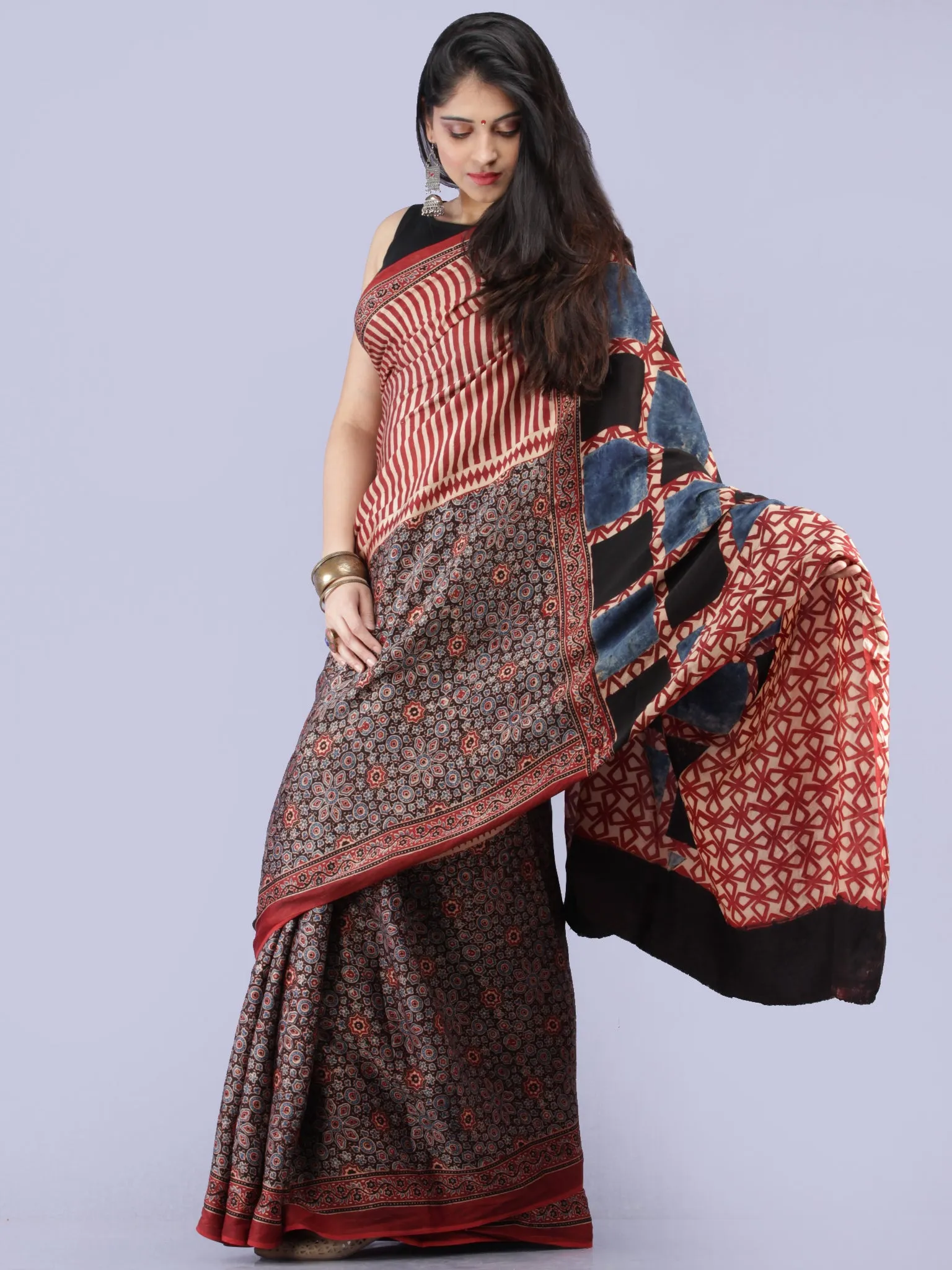 Beige Maroon Indigo Black Ajrakh Hand Block Printed Modal Silk Saree - S031704261