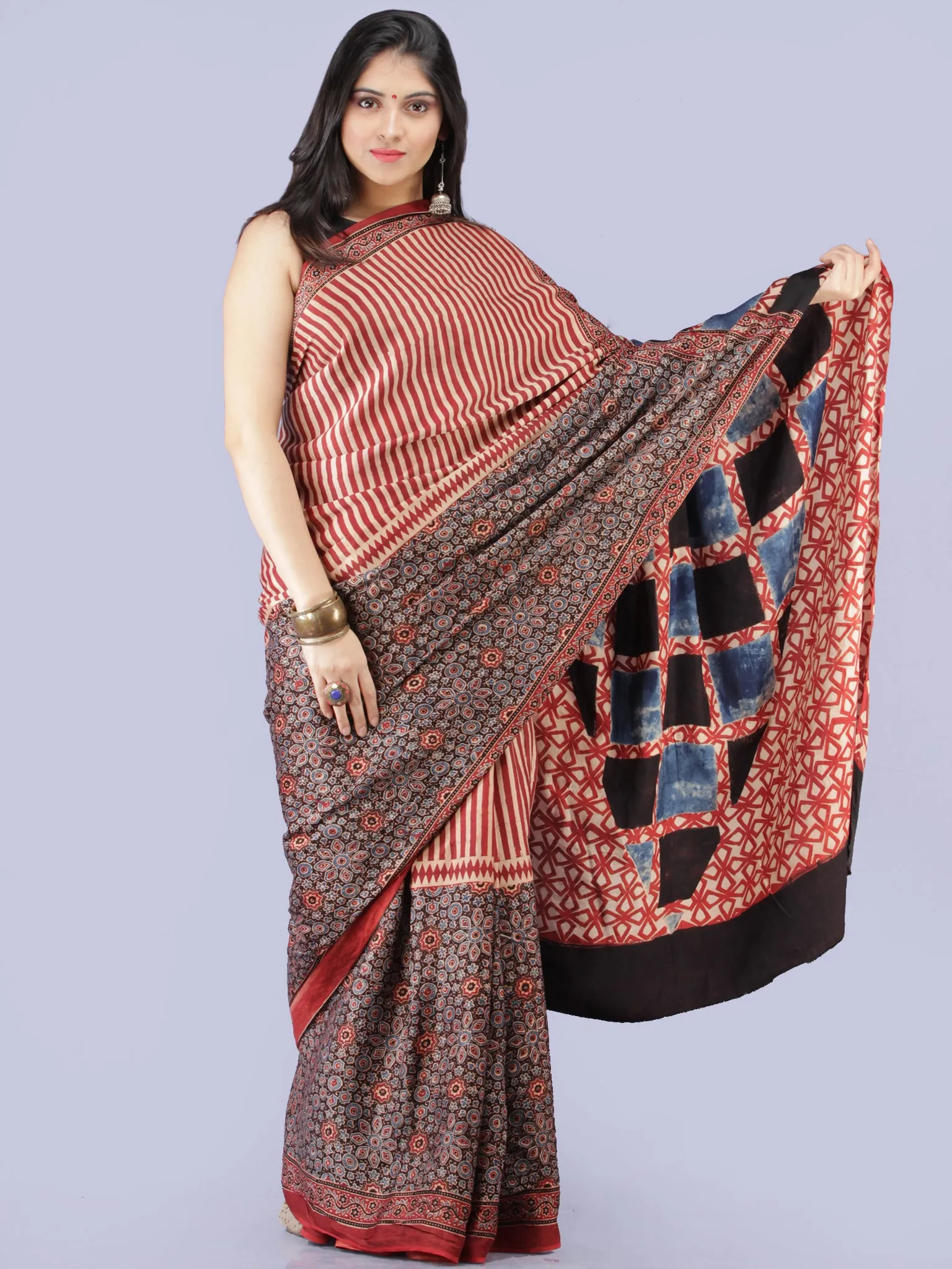 Beige Maroon Indigo Black Ajrakh Hand Block Printed Modal Silk Saree - S031704261