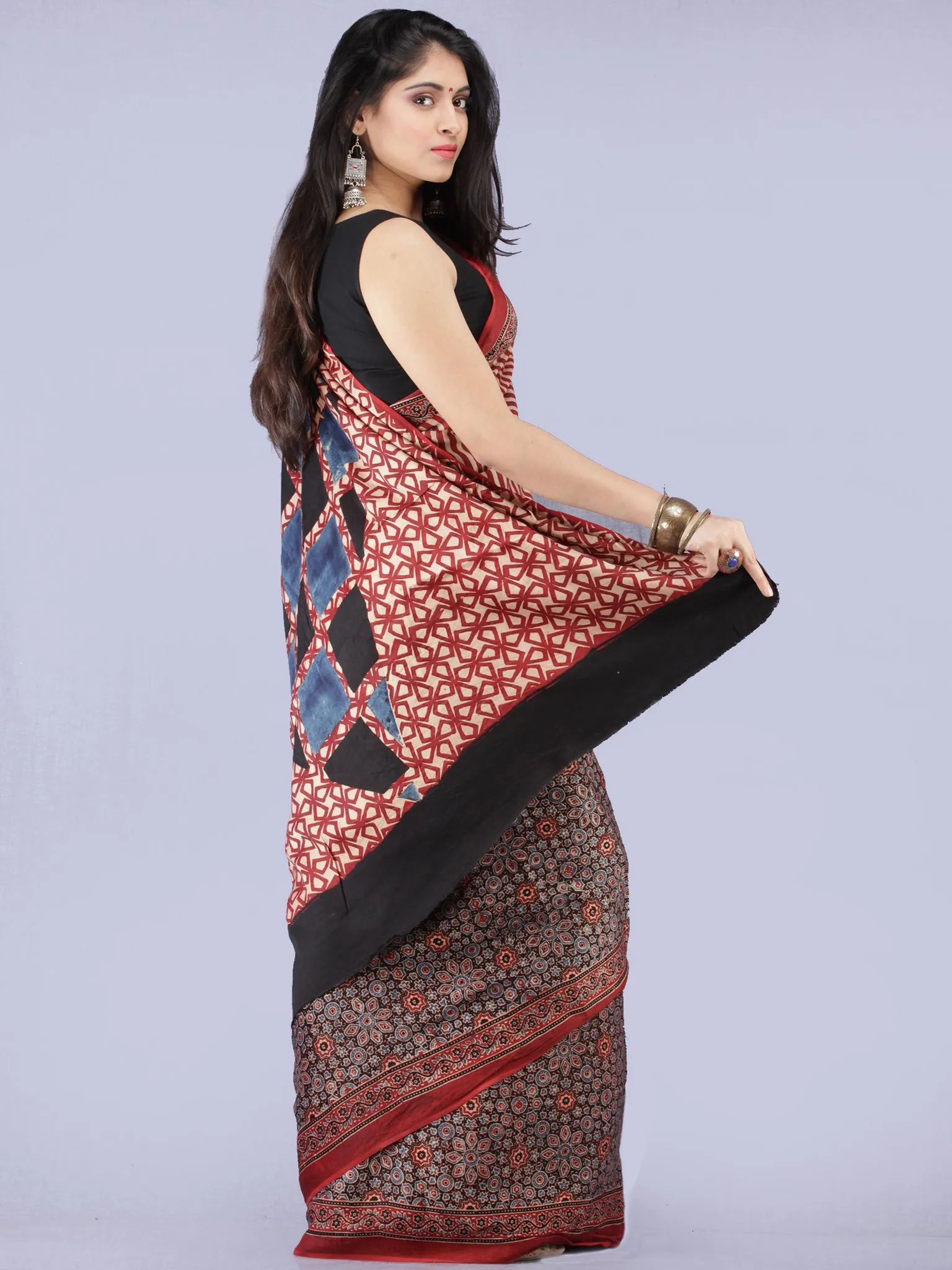 Beige Maroon Indigo Black Ajrakh Hand Block Printed Modal Silk Saree - S031704261