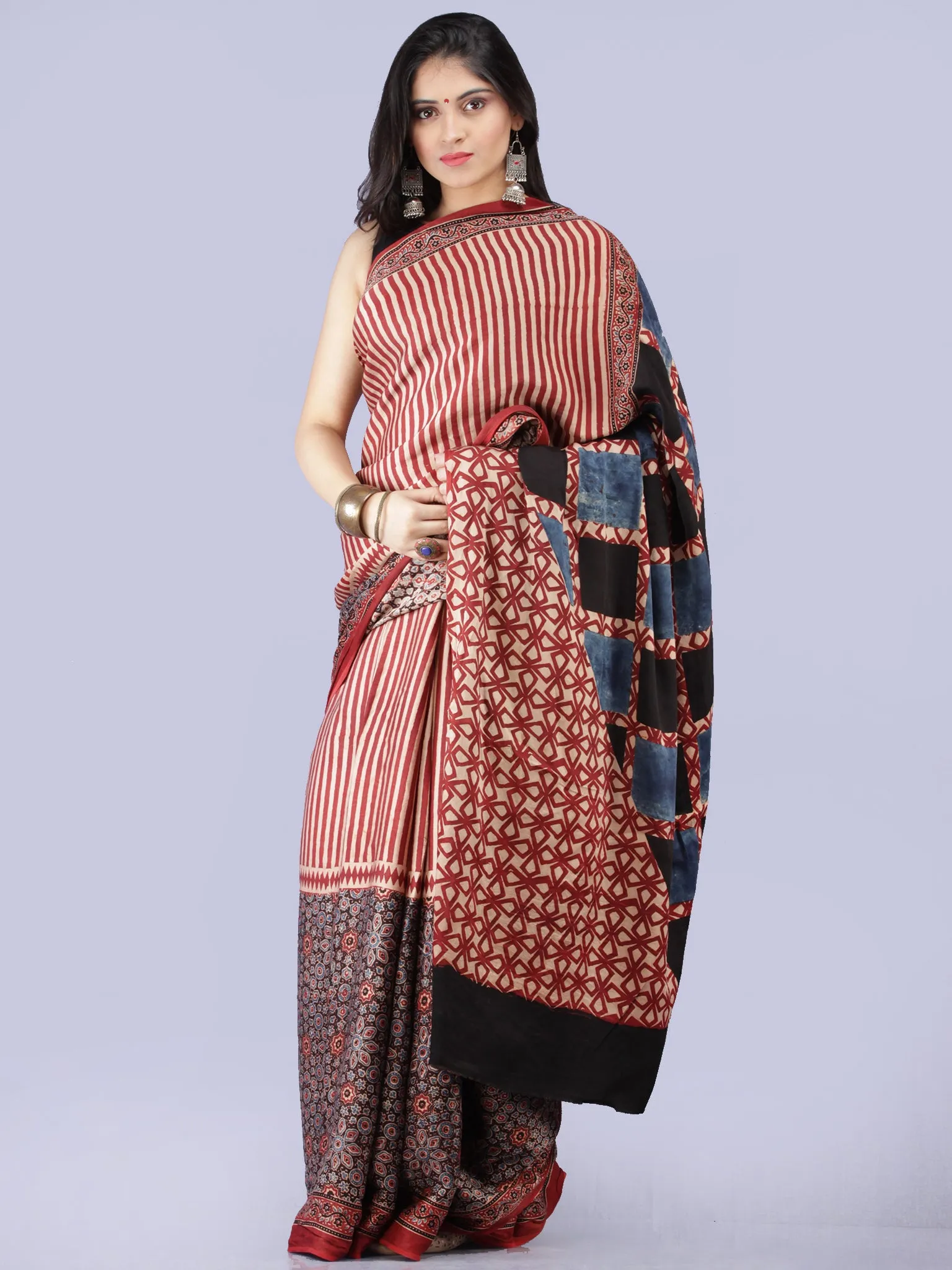 Beige Maroon Indigo Black Ajrakh Hand Block Printed Modal Silk Saree - S031704261