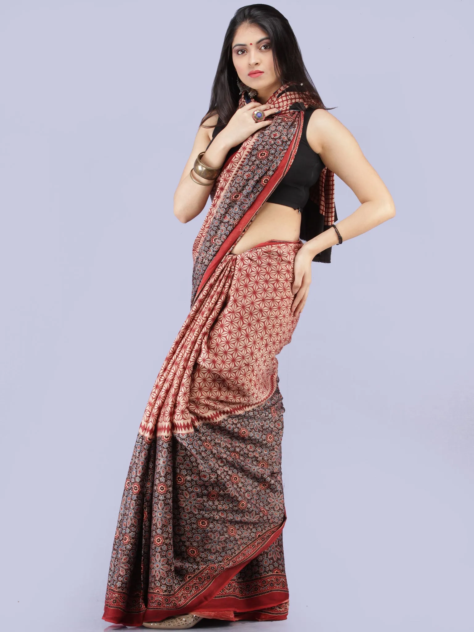 Beige Red Indigo Black Ajrakh Hand Block Printed Modal Silk Saree - S031704259
