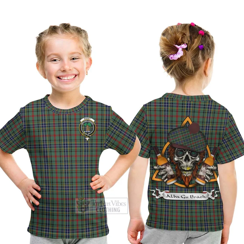 Bisset Tartan Kid T-Shirt with Family Crest and Bearded Skull Holding Bottles of Whiskey