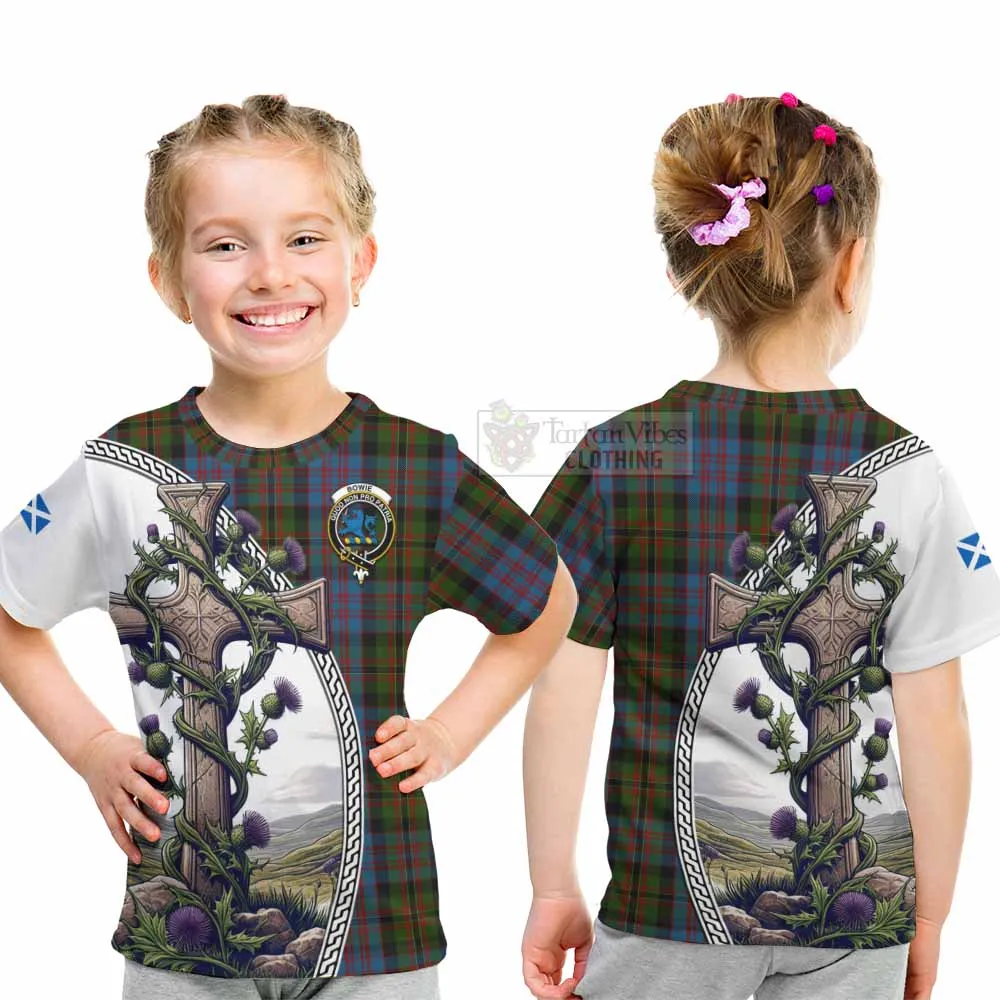Bowie Tartan Kid T-Shirt with Family Crest and St. Andrew's Cross Accented by Thistle Vines