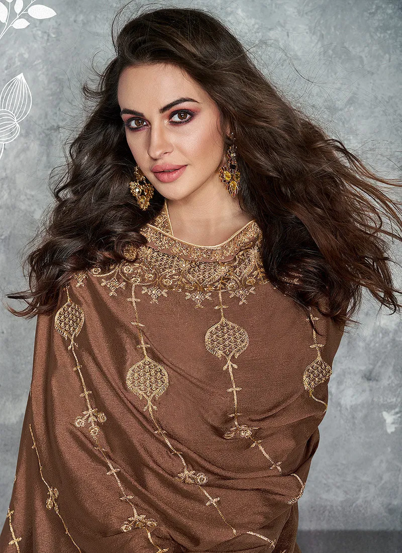 Brown Golden Embroidered Pakistani Palazzo Suit