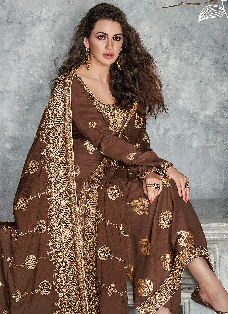 Brown Golden Embroidered Pakistani Palazzo Suit
