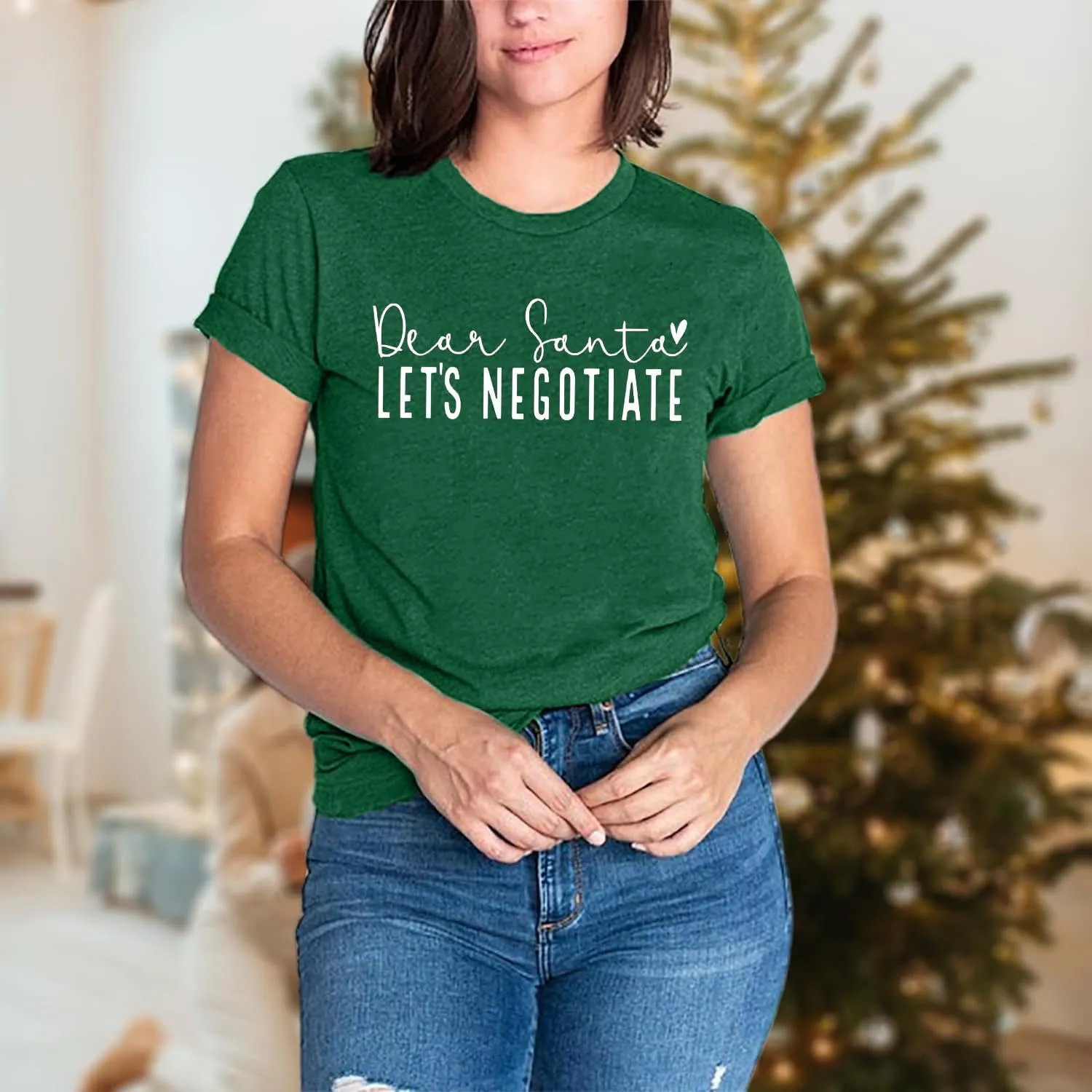 Christmas Shirts for Women Funny Saying Graphic Tees Dear Santa, Let's Negotiate Letter Print Short Sleeve Xmas Holiday Tops