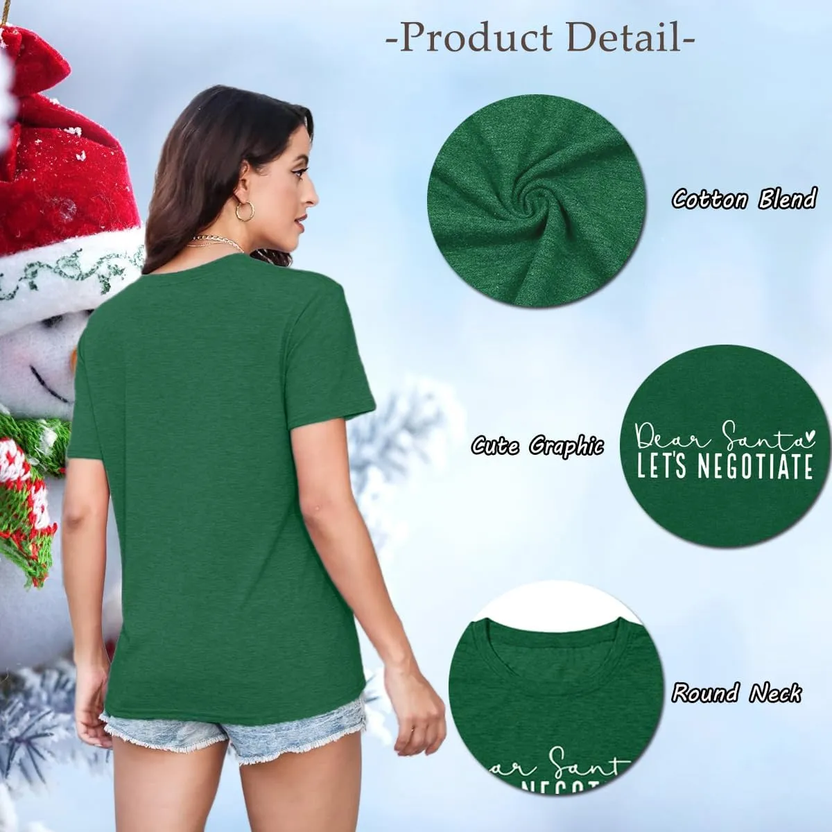 Christmas Shirts for Women Funny Saying Graphic Tees Dear Santa, Let's Negotiate Letter Print Short Sleeve Xmas Holiday Tops