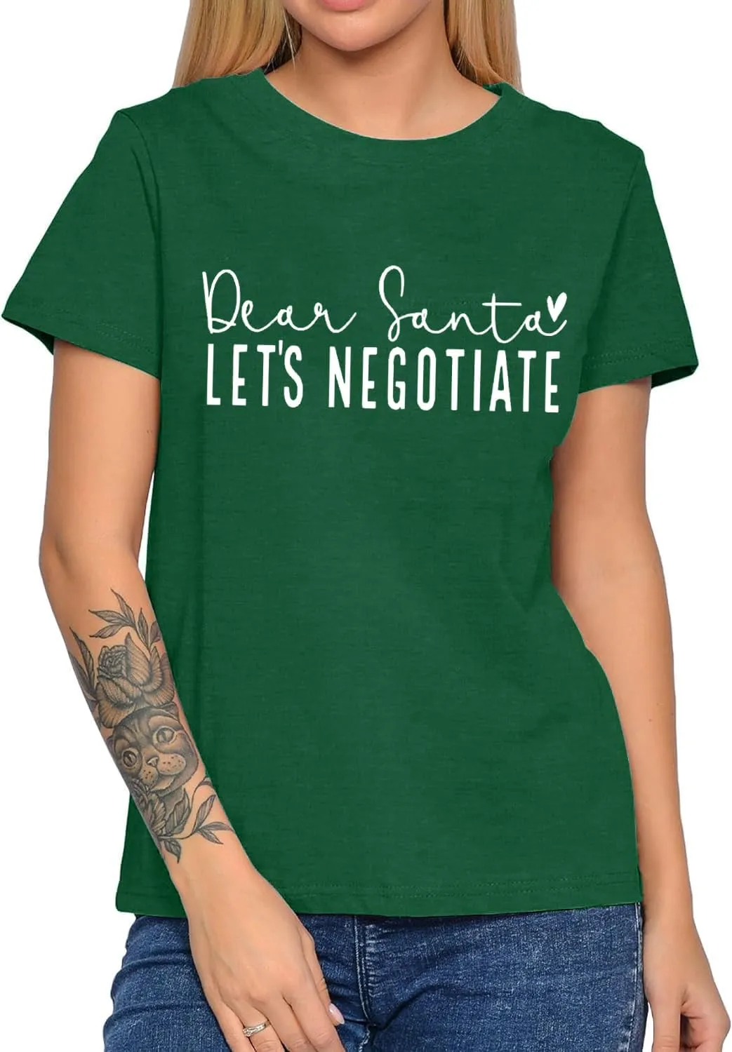 Christmas Shirts for Women Funny Saying Graphic Tees Dear Santa, Let's Negotiate Letter Print Short Sleeve Xmas Holiday Tops