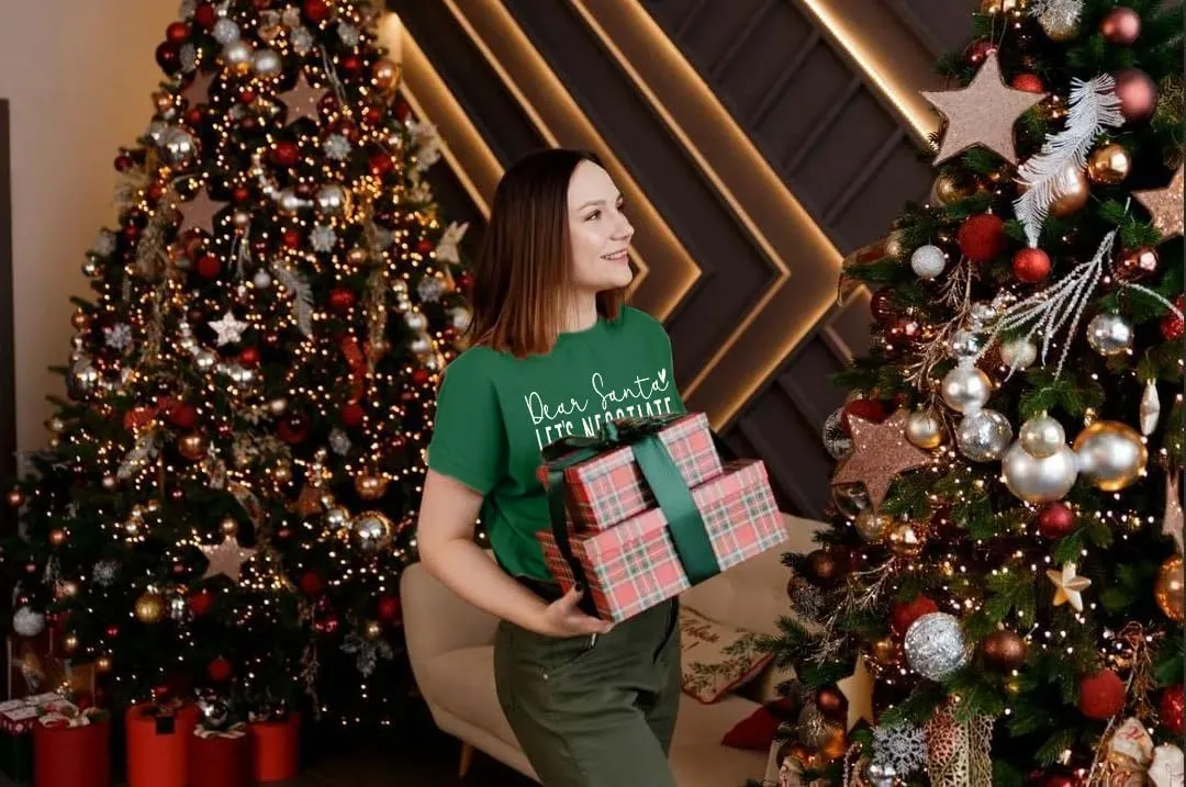 Christmas Shirts for Women Funny Saying Graphic Tees Dear Santa, Let's Negotiate Letter Print Short Sleeve Xmas Holiday Tops