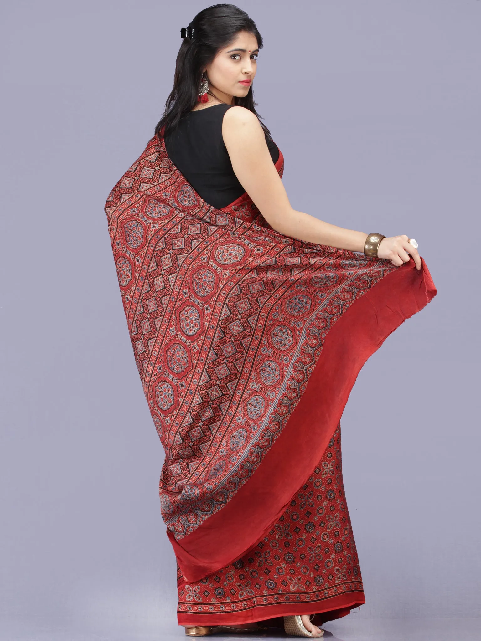 Crimson Red Black Ajrakh Hand Block Printed Modal Silk Saree - S031704192