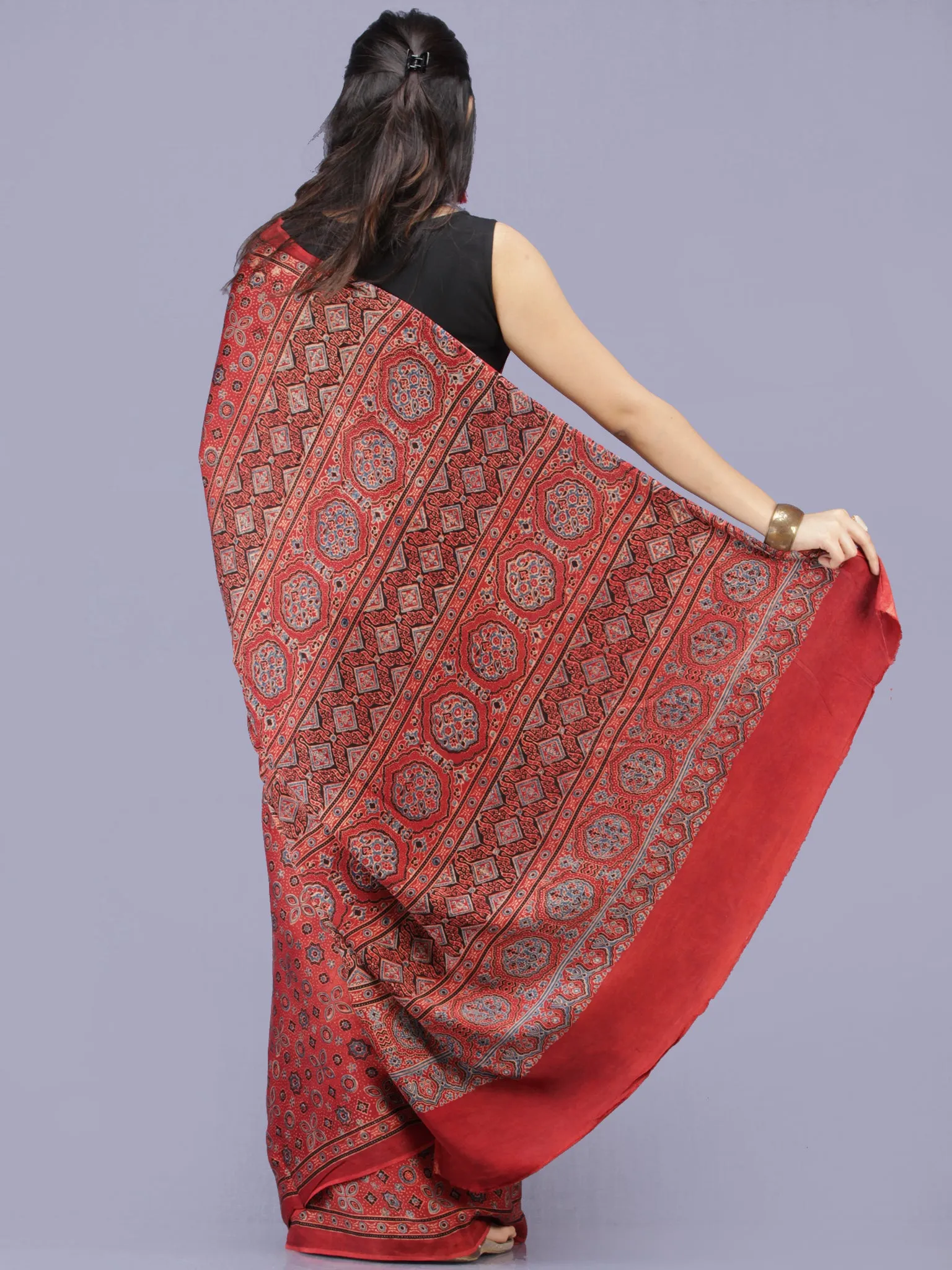 Crimson Red Black Ajrakh Hand Block Printed Modal Silk Saree - S031704192