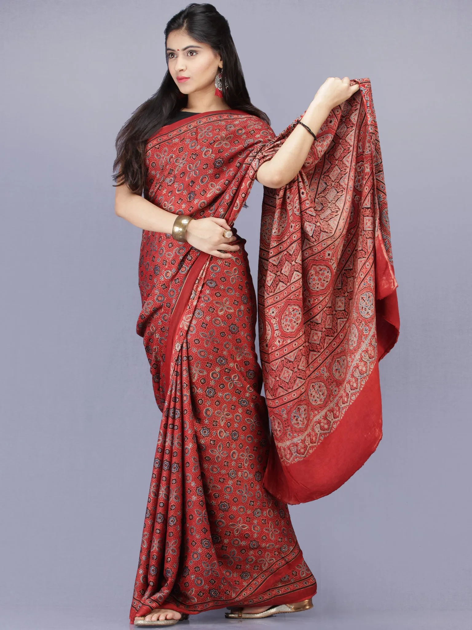 Crimson Red Black Ajrakh Hand Block Printed Modal Silk Saree - S031704192