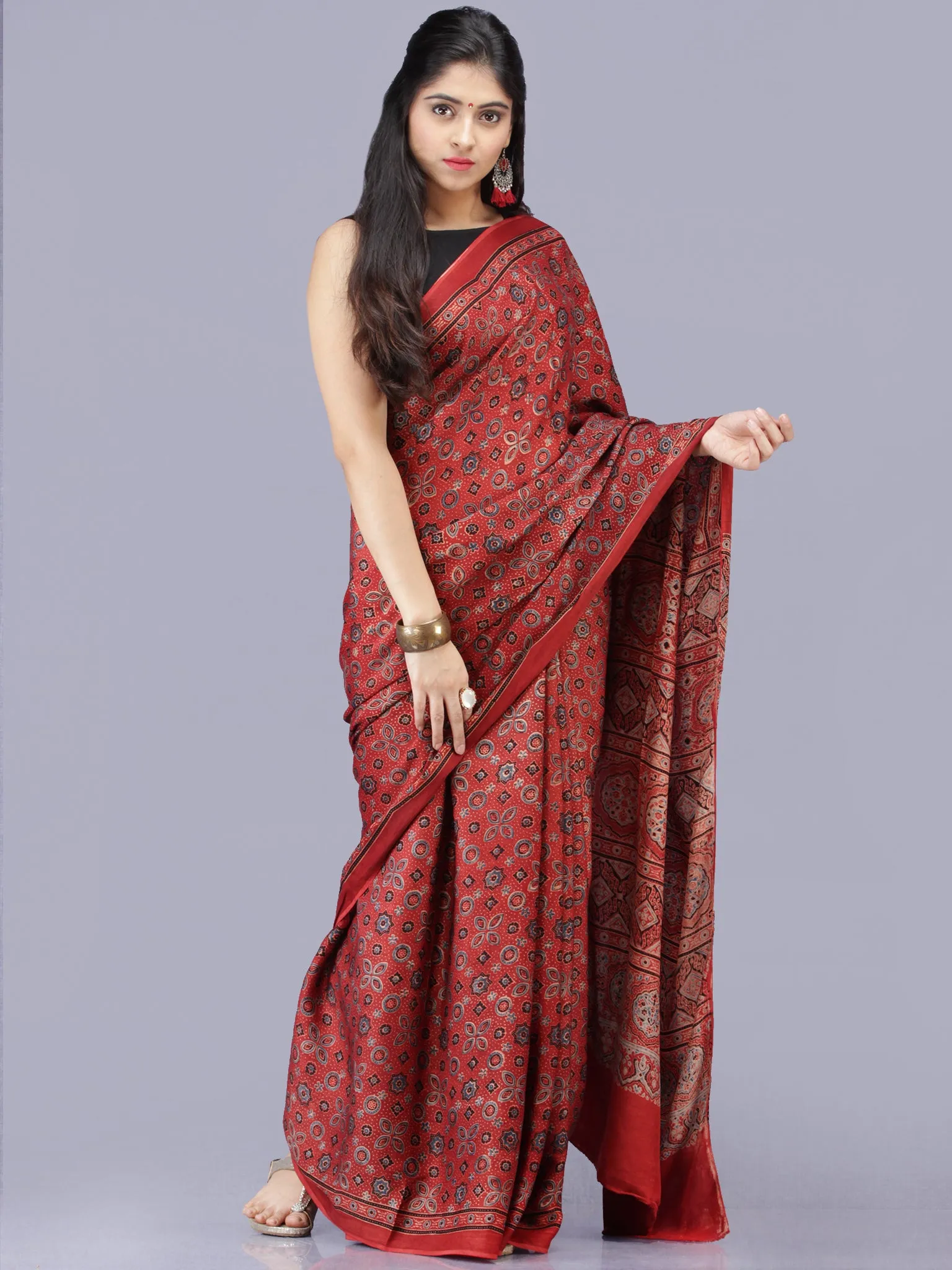 Crimson Red Black Ajrakh Hand Block Printed Modal Silk Saree - S031704192