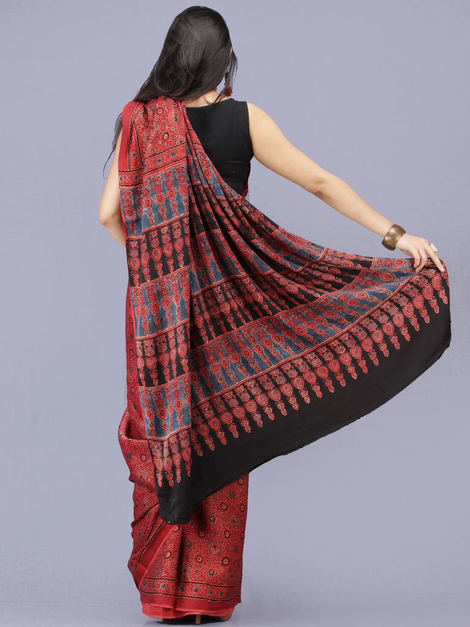 Crimson Red Indigo Black Ajrakh Hand Block Printed Modal Silk Saree - S031704228