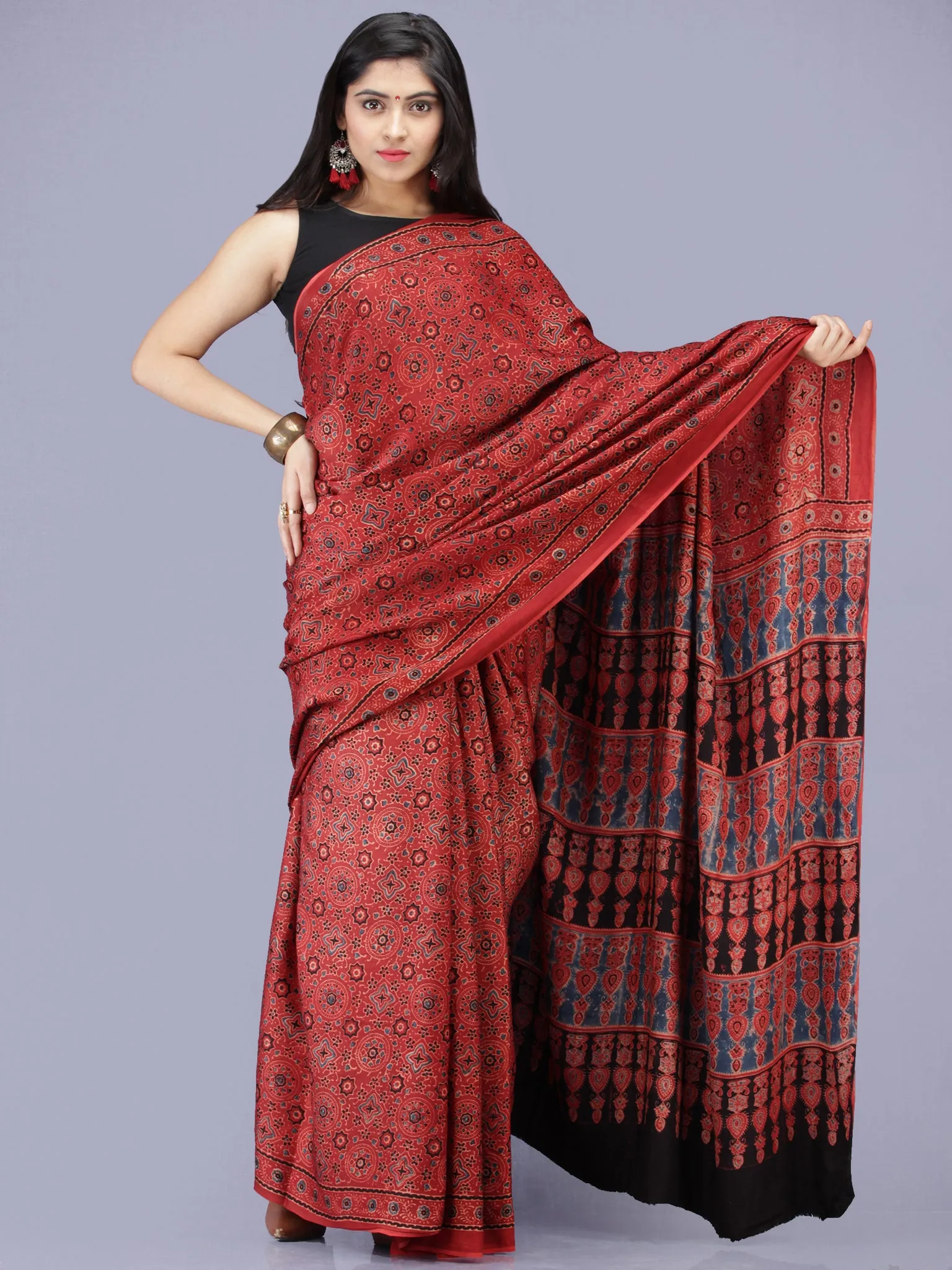 Crimson Red Indigo Black Ajrakh Hand Block Printed Modal Silk Saree - S031704228