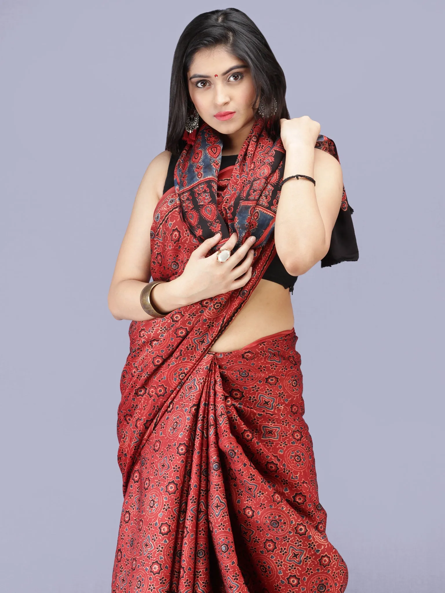 Crimson Red Indigo Black Ajrakh Hand Block Printed Modal Silk Saree - S031704228