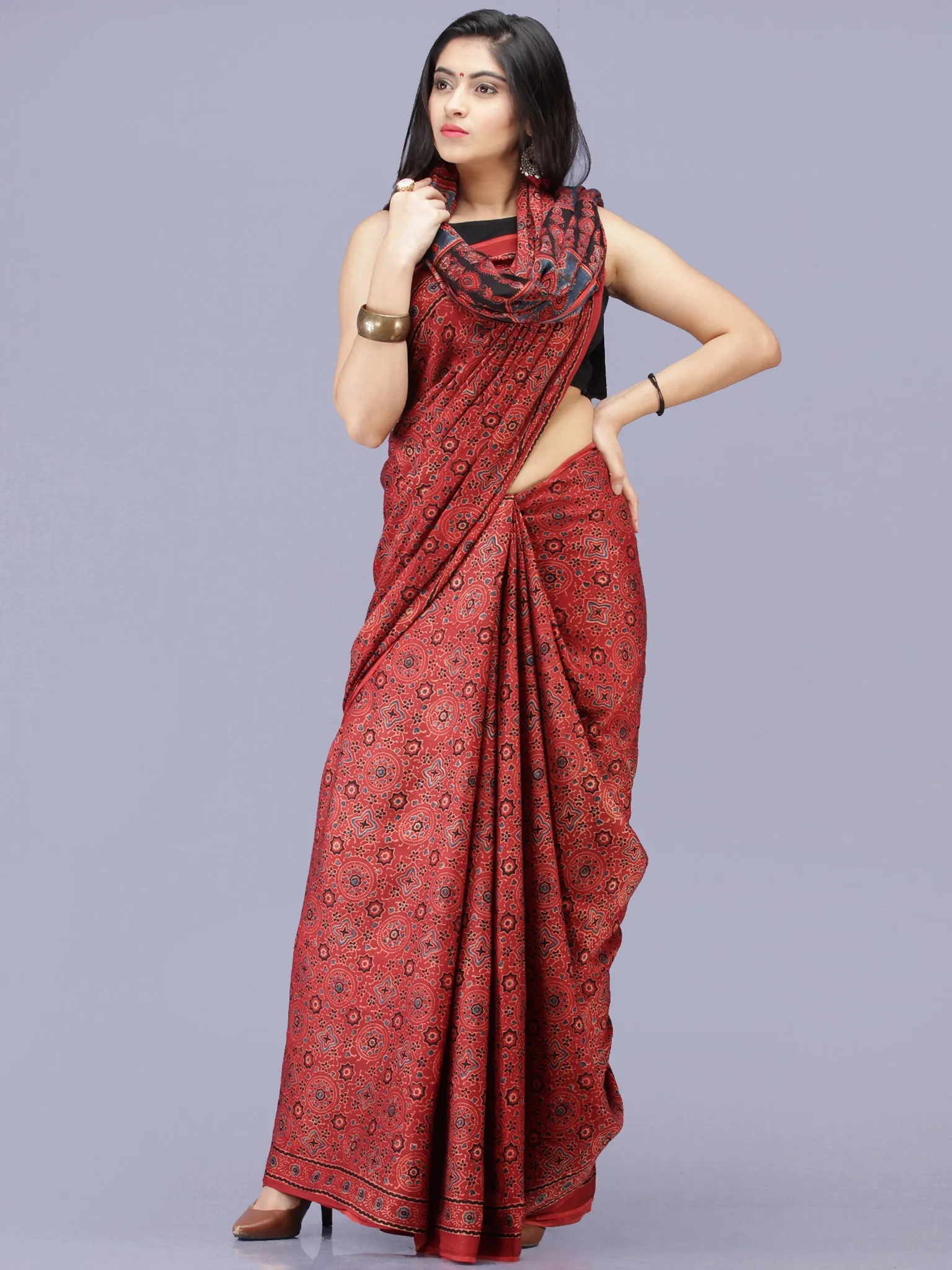 Crimson Red Indigo Black Ajrakh Hand Block Printed Modal Silk Saree - S031704228
