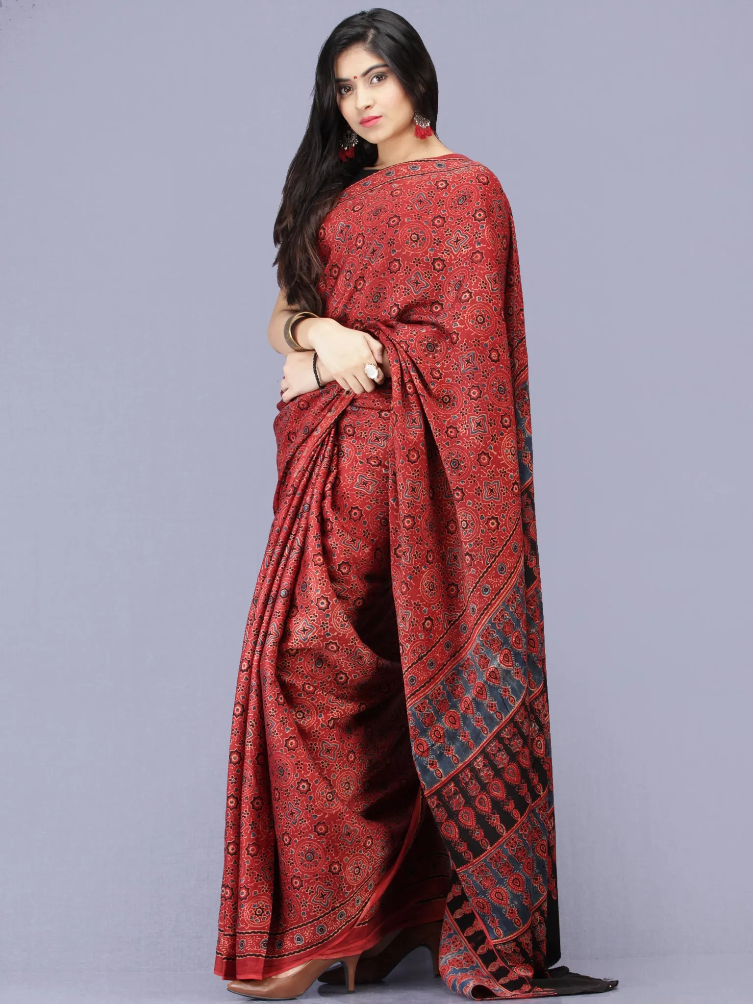 Crimson Red Indigo Black Ajrakh Hand Block Printed Modal Silk Saree - S031704228