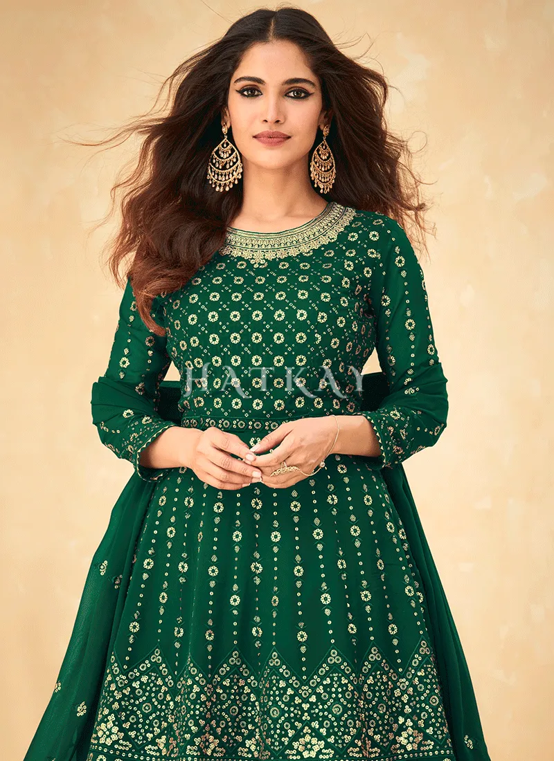 Dark Green Embroidered Georgette Traditional Lehenga