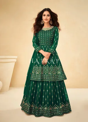 Dark Green Embroidered Georgette Traditional Lehenga
