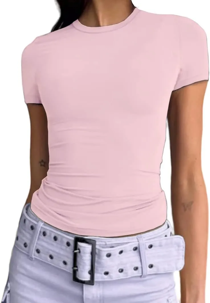 Dwnval Women Sexy Basic T Shirts Tops Summer Short Sleeve Crewneck Slim Fit Cute Crop Top Blouses