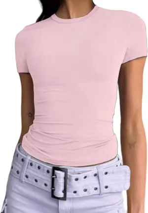 Dwnval Women Sexy Basic T Shirts Tops Summer Short Sleeve Crewneck Slim Fit Cute Crop Top Blouses