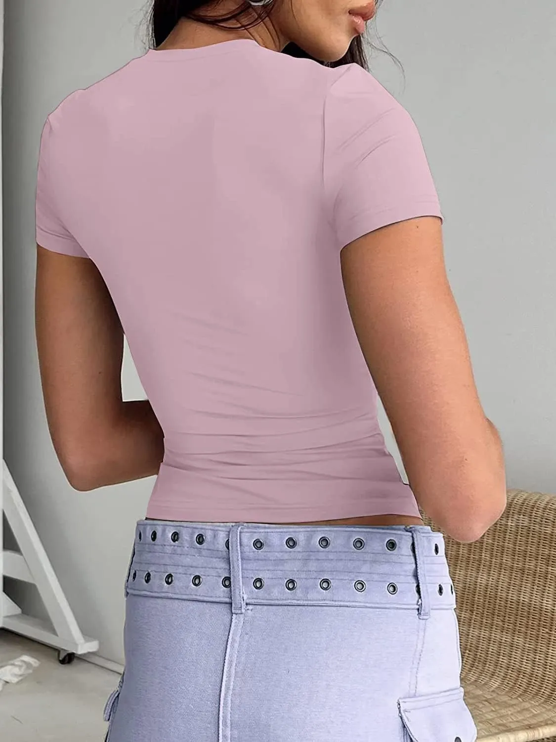 Dwnval Women Sexy Basic T Shirts Tops Summer Short Sleeve Crewneck Slim Fit Cute Crop Top Blouses