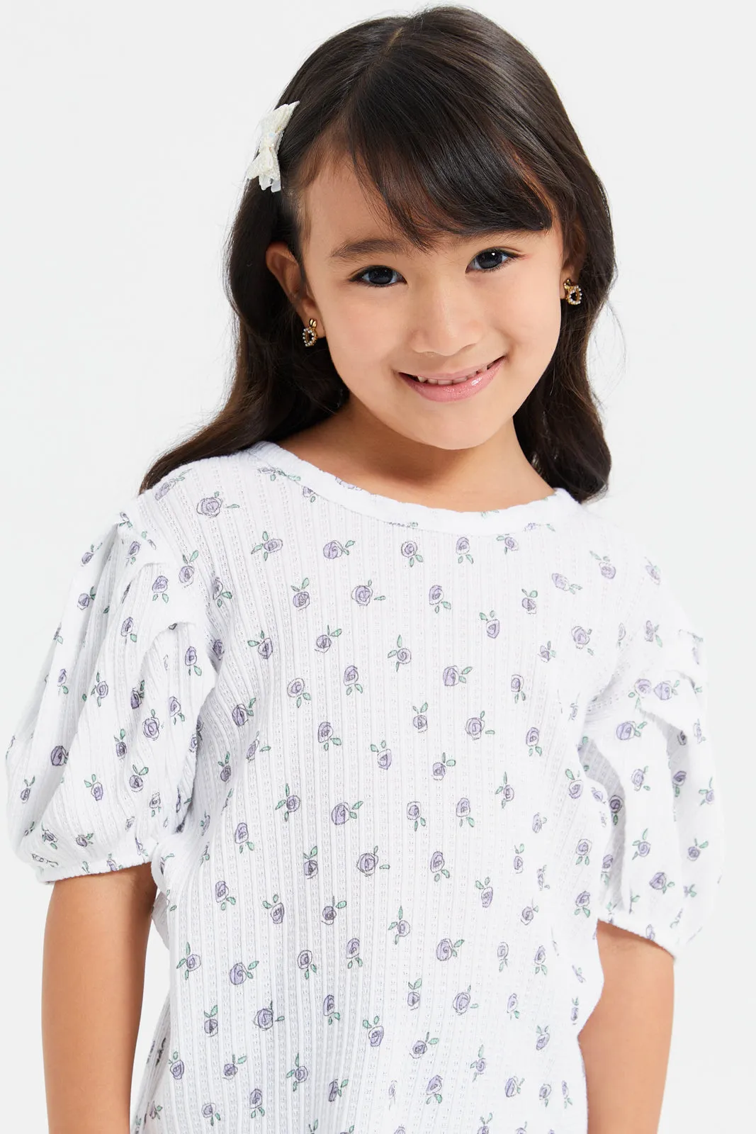 Girls White Textured Puff Sleeve T-Shirt
