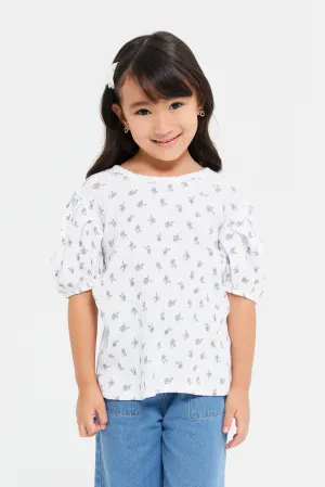 Girls White Textured Puff Sleeve T-Shirt