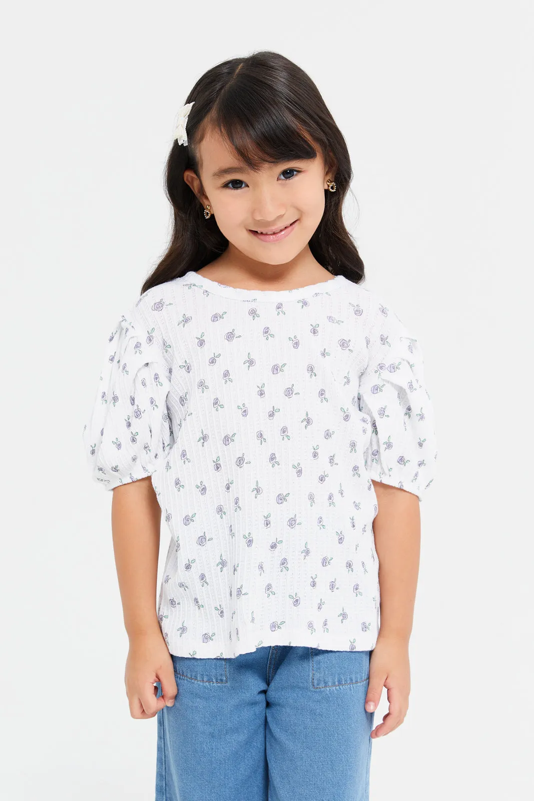 Girls White Textured Puff Sleeve T-Shirt